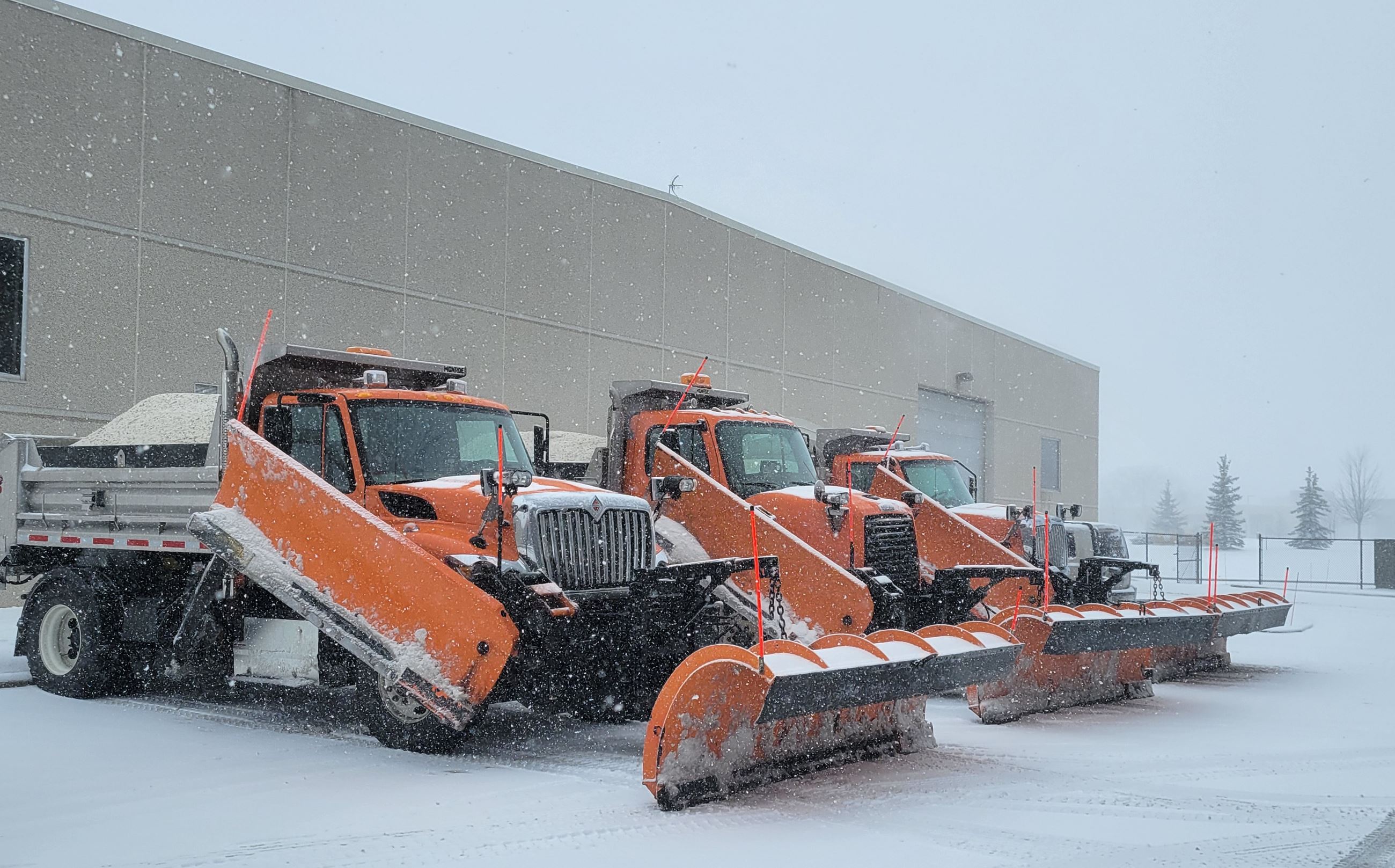 Three orange snowplow trucks parked. 